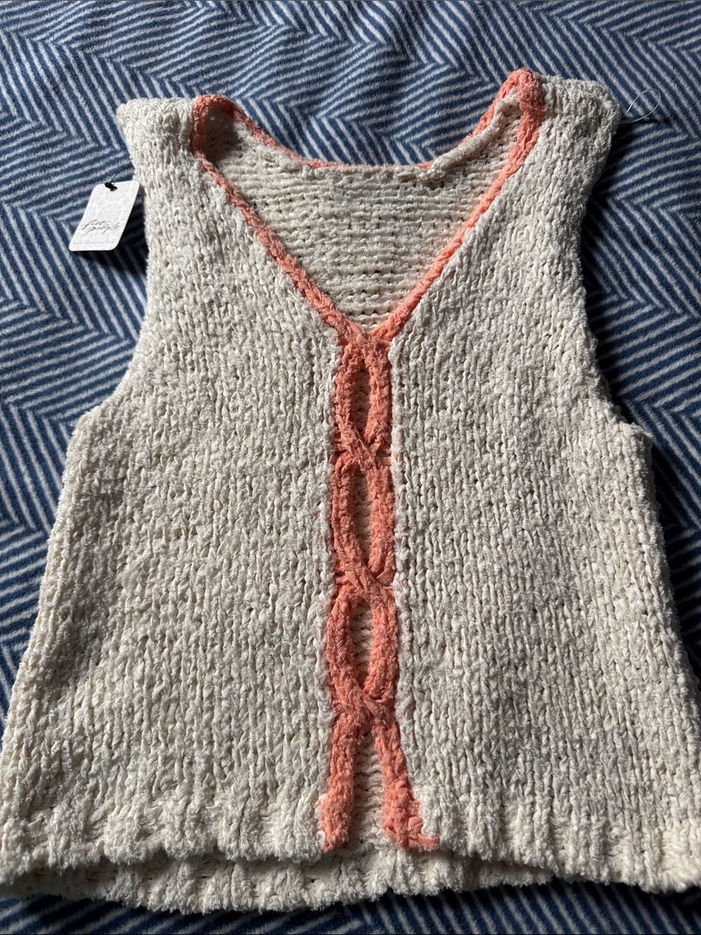 Free people Cream Knit Sleeveless Top with Coral Trim